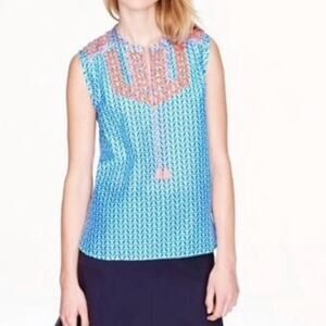 J.Crew Silk Blue Arrow Print Tassel Embroidered Sleeveless Tank top Size 8